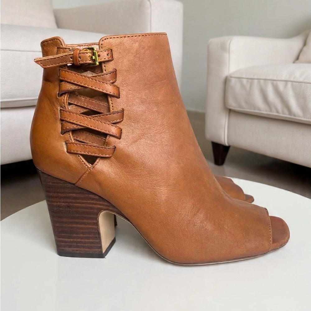 Ralph Lauren Brown Leather Peep-Toe Ankle Boots